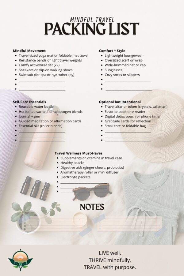 Printable and fillable Mindful Travel Packing List featuring wellness travel essentials like yoga gear, self-care tools, and comfort items for intentional, stress-free packing. Ideal for retreats, solo trips, and mindful vacations.